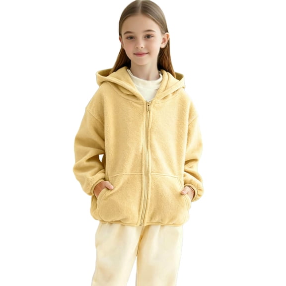 Cethrio Girls Fleece Jackets, Long Sleeve Warm Casual Zip up Winter Outerwear with Hood Khaki Size 14-16