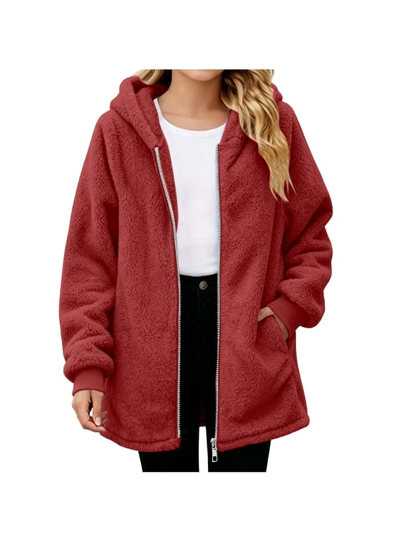 Girls Fleece Jackets, Mid-Length Hooded Lightweight Long Sleeve Outerwear with Zipper Red Size 14-15T