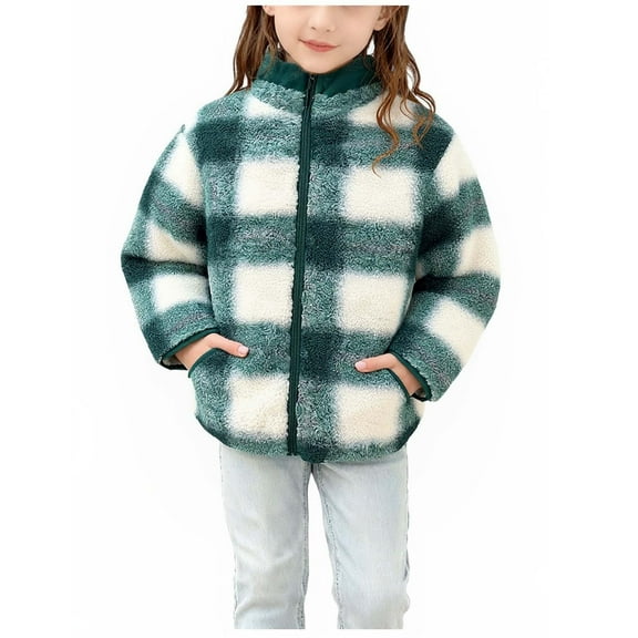 Cethrio Girls Fleece Jackets, Plaid Stand-up Collar Zip up Warm Winter Outerwear with Hood Green Size 7-8 T