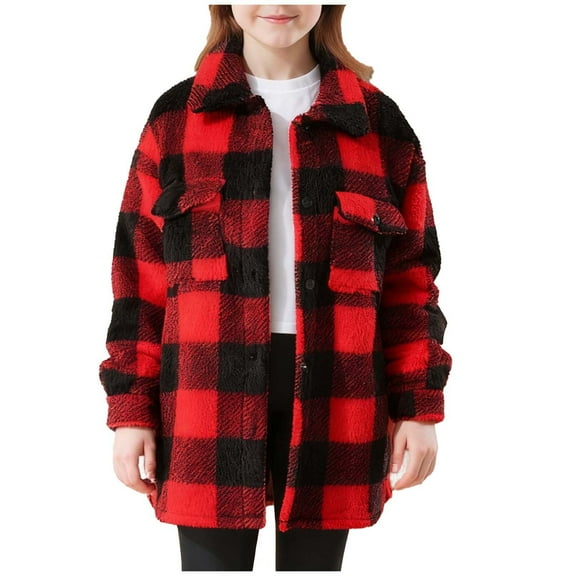 Cethrio Girls Fleece Jackets Size 7-8, Lapel Collar Mid-length Plaid Warm Winter Outerwear Red
