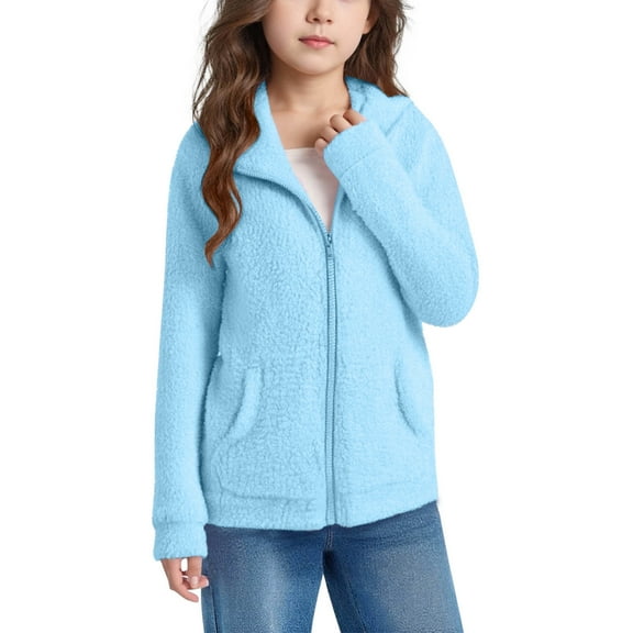 Cethrio Girls Fleece Jackets, Soft Thermal Long Sleeve Zip up Winter Outerwear with Pockets Blue Size 10-12