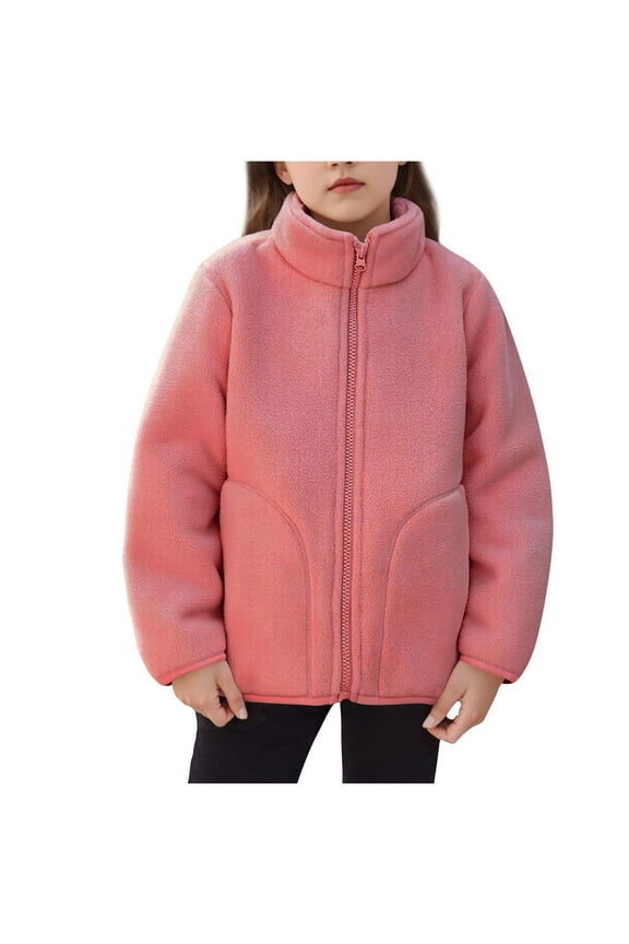 Girls Fleece Jackets, Thermal Full Zip Stand-up Collar Soft Winter Outerwear with Pockets Watermelon Red Size 7-8 T