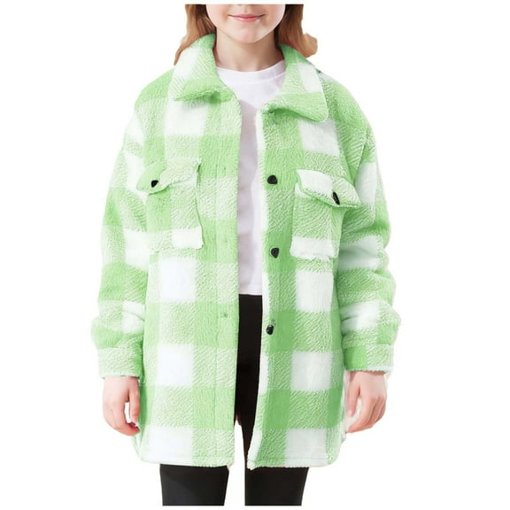 Cethrio Girls Fleece Jackets, Warm Mid-length Plaid Lapel Collar Winter Outerwear Green Size 8