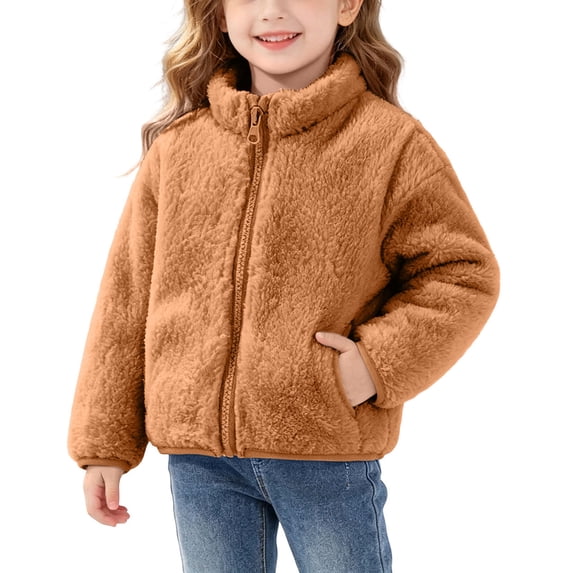 Cethrio Girls Fleece Jackets, Zip up Warm Stand-up Collar Long Sleeve Winter Outerwear Brown Size 12-18 Months