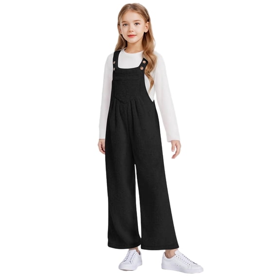 Cethrio Girls Fleece Jumpsuits, Adjustable Straps Sleeveless Wide Leg Casual Winter Overalls Black Size 9-10 T