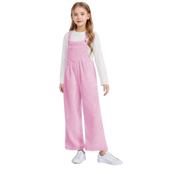 Cethrio Girls Fleece Jumpsuits Size 14, Casual Sleeveless Adjustable Straps Wide Leg Winter Overalls Pink Size 14