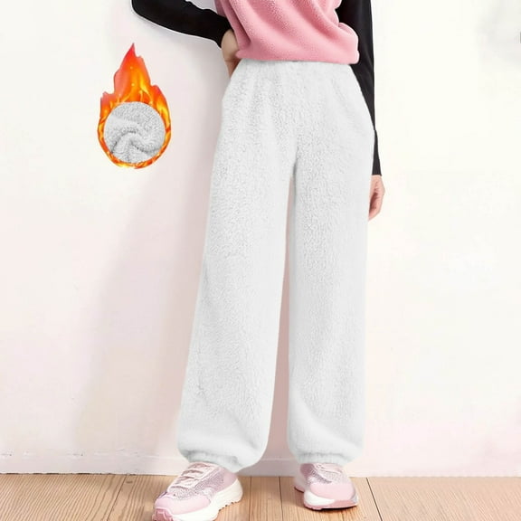 Cethrio Girls Fleece Pants, Elastic Waist Warm Soft Straight Leg Winter Joggers White Size 14-16