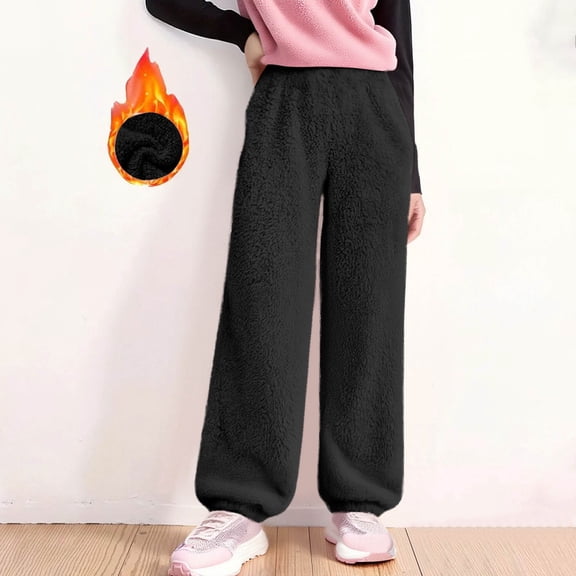 Cethrio Girls Fleece Pants, Soft Elastic Waist Straight Leg Warm Winter Joggers Black Size 14-16