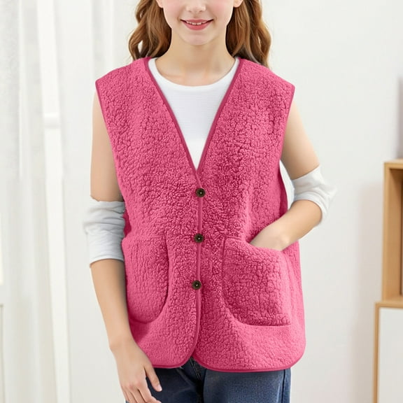 Cethrio Girls Fleece Vest, Sleeveless Ligntweight Fall Winter Thermal Jackets with Pockets Hot Pink Size 10-12
