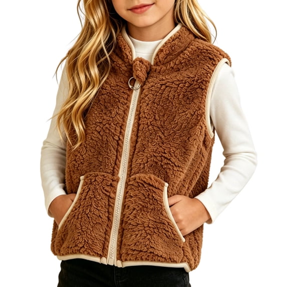 Cethrio Girls Fleece Vests, Sleeveless Warm Fall Winter Zip up Outerwear with Pockets Coffee Size 1-2T