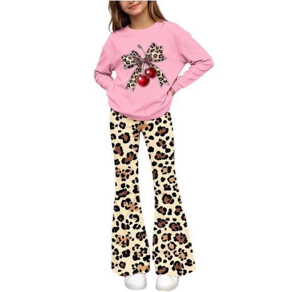 Cethrio Girls Graphic Outfit Sets, 2 Piece School Spring Fall Long Sleeve Girls' Clothing Sets Pink Size 7-8 T