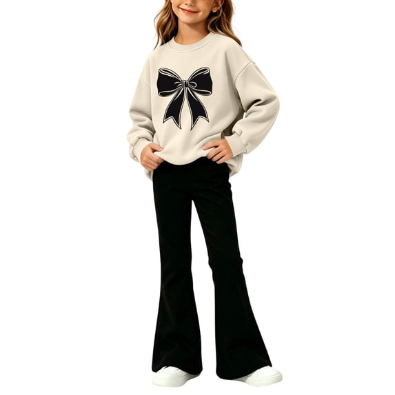 Cethrio Girls Graphic Outfit Sets, Fall Winter Casual 2 Piece Long Sleeve Kids Clothing Sets Size 5-6 Years Beige