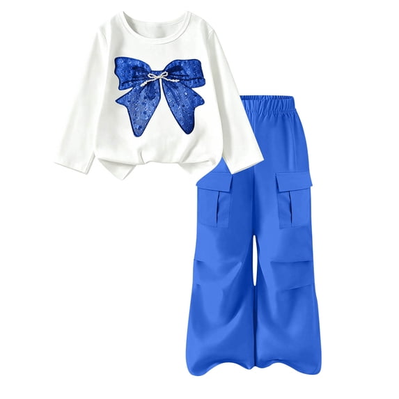 Cethrio Girls Graphic Outfit Sets, Long Sleeve 2 Piece Daily Spring Fall Kids Clothing Sets Size 7-8 Years Dark Blue