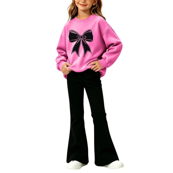 Cethrio Girls Graphic Outfit Sets, Long Sleeve Casual Fall Winter 2 Piece Kids Clothing Sets Size 7-8 Years Hot Pink