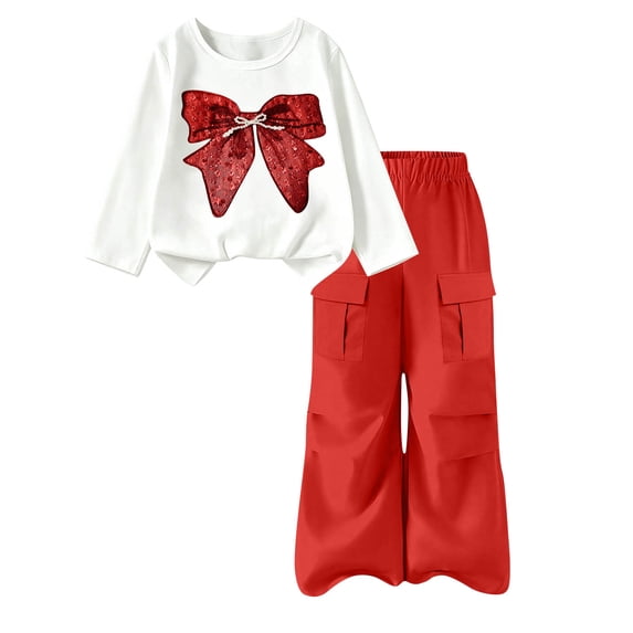 Cethrio Girls Graphic Outfit Sets, Spring Fall 2 Piece Daily Long Sleeve Kids Clothing Sets Size 11-12 Years Red