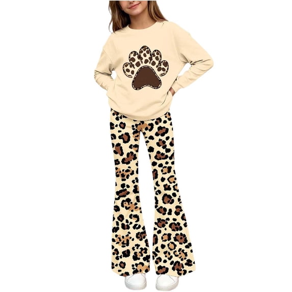 Cethrio Girls Graphic Outfit Sets, Spring Fall Long Sleeve 2 PC Casual Girls' Clothing Sets Beige Size 5-6 T