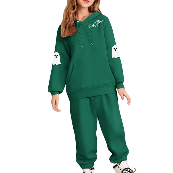 Cethrio Girls Halloween Outfit Sets, Long Sleeve Casual Graphic Loose Fit Hoodies with Sweatpants Sets Army Green Size 10-12