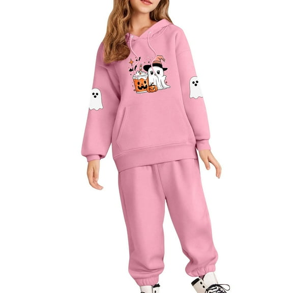 Cethrio Girls Halloween Outfit Sets Size 7-8, 2 Piece Casual Graphic Loose Fit Sweatshirts with Sweatpants Sets Pink