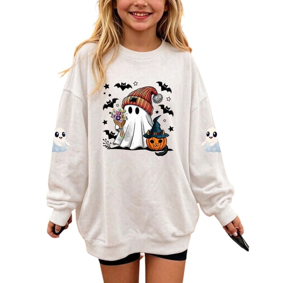 Cethrio Girls Halloween Sweatshirts, Fleece-lined Party Printed Long Sleeve Halloween Tops White Size 2-3 T