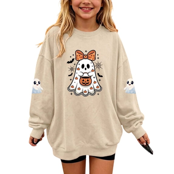 Cethrio Girls Halloween Sweatshirts, Graphic Fleece Lined Long Sleeve Party Halloween Tops Khaki Size 9-10 T