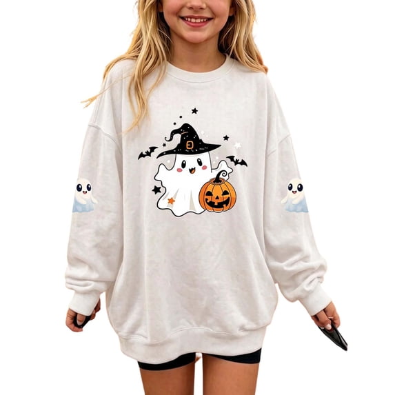 Cethrio Girls Halloween Sweatshirts, Graphic Long Sleeve Fall Fleece Lined Halloween Tops White Size 1-2 T