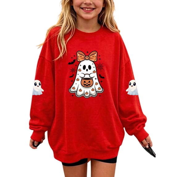 Cethrio Girls Halloween Sweatshirts, Graphic Long Sleeve Party Fleece Lined Halloween Tops Red Size 11-12 T
