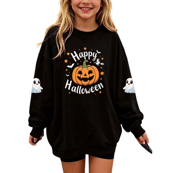 Cethrio Girls Halloween Sweatshirts, Graphic Pullover Fleece-lined Long Sleeve Halloween Tops Black Size 1-2 T