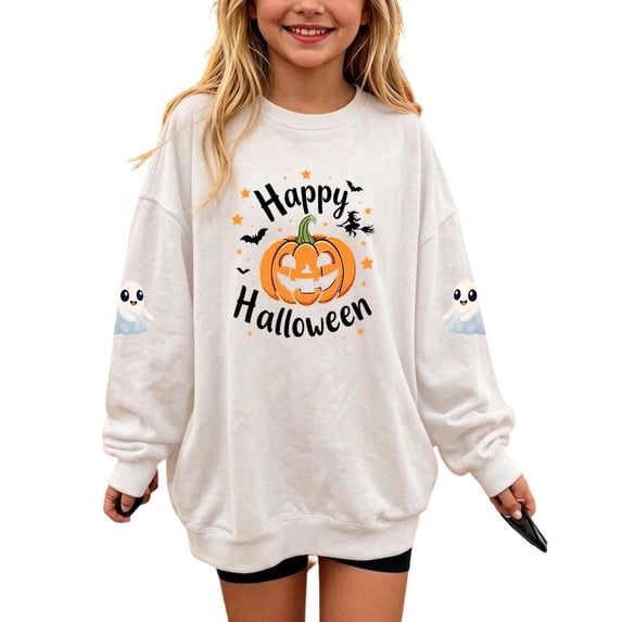 Cethrio Girls Halloween Sweatshirts, Graphic Pullover Long Sleeve Fleece-lined Halloween Tops White Size 7-8 T