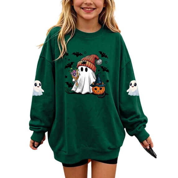 Cethrio Girls Halloween Sweatshirts, Long Sleeve Party Fleece-lined Printed Halloween Tops Green Size 1-2 T