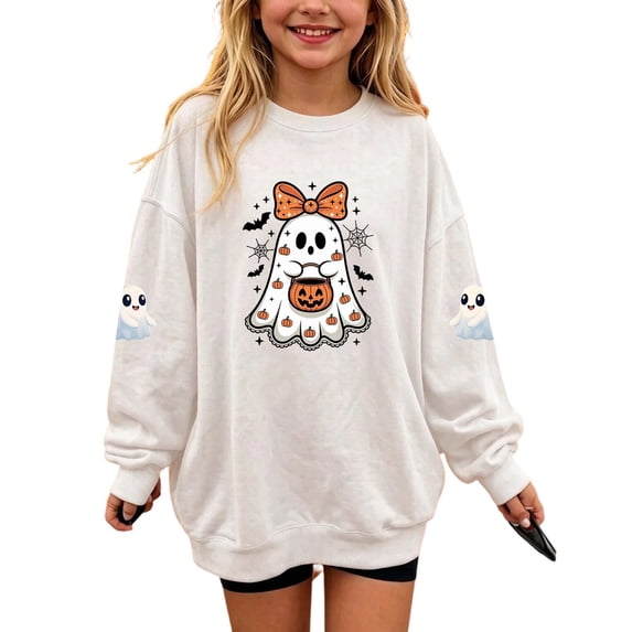 Cethrio Girls Halloween Sweatshirts, Party Long Sleeve Fleece Lined Graphic Halloween Tops White Size 14