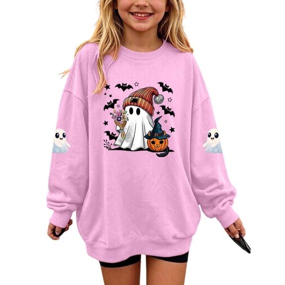 Cethrio Girls Halloween Sweatshirts, Printed Long Sleeve Fleece-lined Party Halloween Tops Pink Size 11-12 T