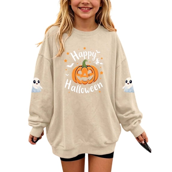 Cethrio Girls Halloween Sweatshirts Size 10-12, Long Sleeve Graphic Fleece-lined Pullover Halloween Tops Khaki