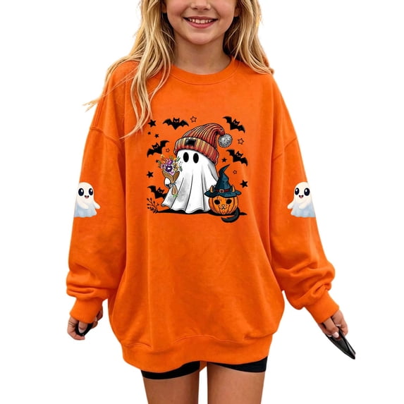 Cethrio Girls Halloween Sweatshirts Size 14, Printed Long Sleeve Party Fleece-lined Halloween Tops Orange