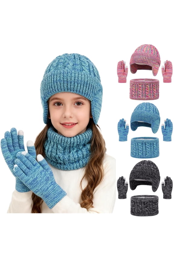 Girls Hats, Scarves & Gloves Sets, Knitted Winter Windproof Soft Beanies, Neck Gaiters & Gloves Blue Size 2-18 T