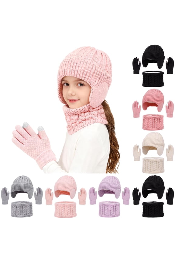 Girls Hats, Scarves & Gloves Sets, Warm Windproof Winter Knitted Beanies, Neck Gaiters & Gloves Pink Size 2-18 T
