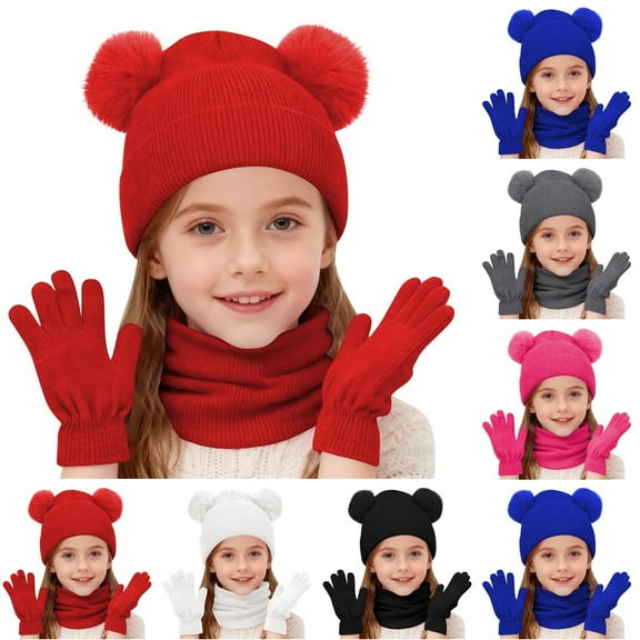 Cethrio Girls Hats, Scarves & Gloves Sets, Winter Windproof Snow Knitted Beanies, Neck Gaiters & Gloves Red Size 2-12 T