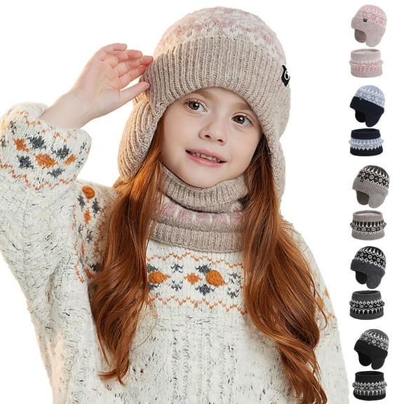 Cethrio Girls Hats & Scarves Sets, Windproof Knitting Cotton Winter Skiing Beanies & Neck Gaiters Sets Gray Size 4-10T