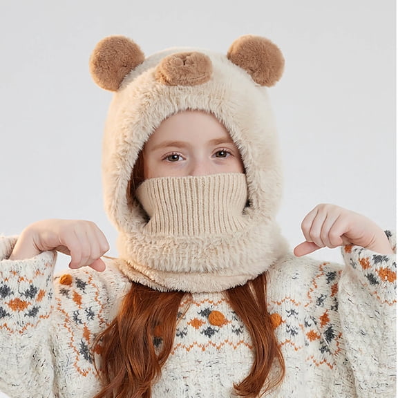 Cethrio Girls Hats and Scarves Sets, Outdoor Warm Windproof Winter Beanies,Neck Gaiters & Gloves Beige Size 4-14T