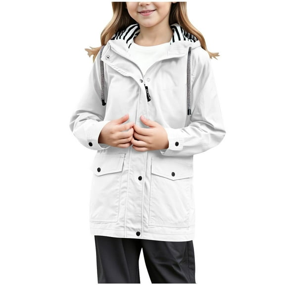 Cethrio Girls' Hooded Jackets, Casual Windproof Full Zip Waterproof Girls Outerwear White Size 7-8