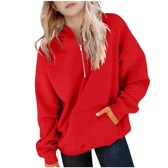 Cethrio Girls Hooded Sweatshirts, Half-zipper Pullover Loose Fit Casual Long Sleeve Tops Red Size 12
