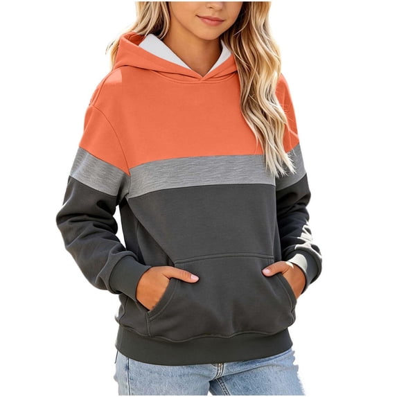 Cethrio Girls Hoodies, Color-blocking Fleece-lined Pullover Long Sleeve Hooded Sweatshirts Orange Size 9-10 T