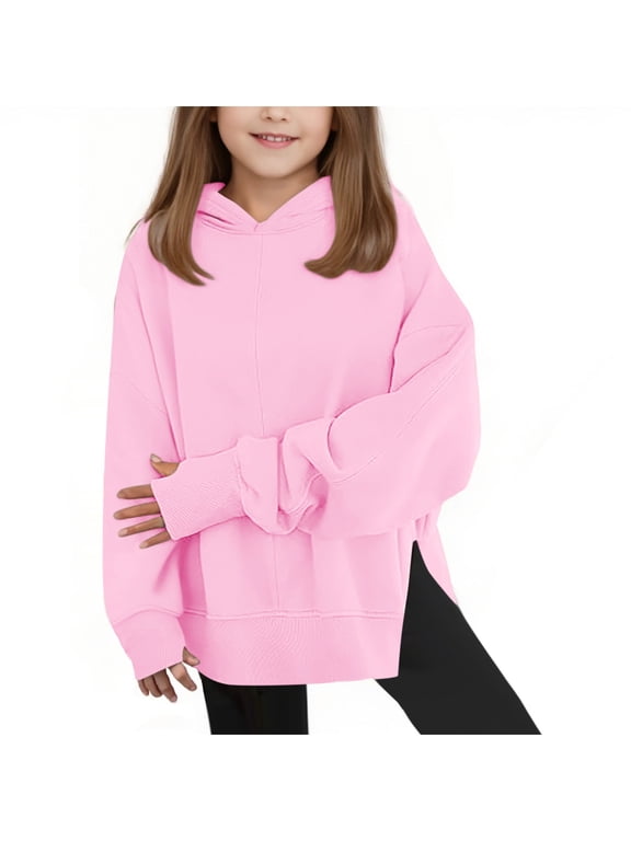 Girls Hoodies, Fashion Loose Fit Casual Split Hem Girls Sweatshirts Pink Size 10-12