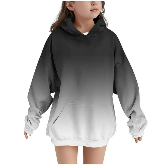 Cethrio Girls Hoodies, Gradient Print Loose Fit Pullover Thermal Girls Sweatshirts Black Size 10-12
