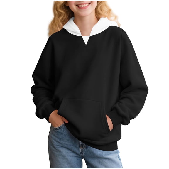 Cethrio Girls Hoodies with Pockets, 2025 Casual Long Sleeve Loose Pullover Sweatshirts Black Size 14-16