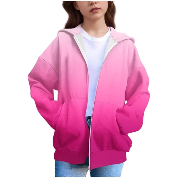Cethrio Girls Hoodies with Zipper, Casual Spring Fall Gradient Print Long Sleeve Sweatshirts for Girl Hot Pink Size 10-12