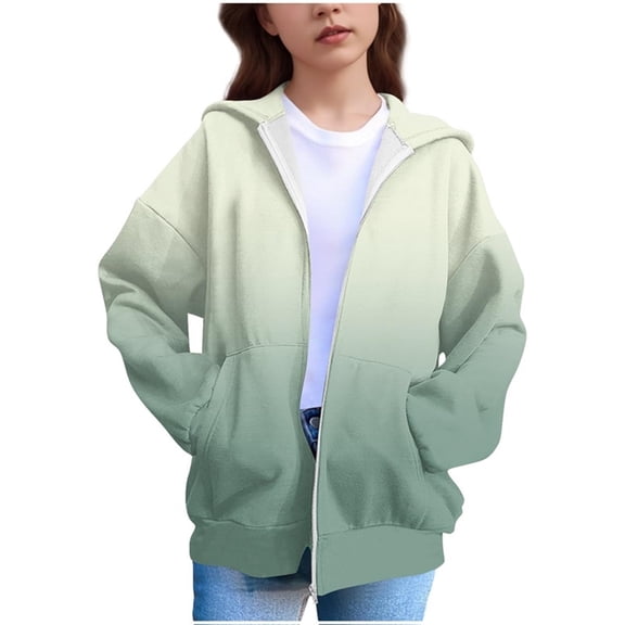 Cethrio Girls Hoodies with Zipper, Gradient Print Casual Long Sleeve Spring Fall Sweatshirts for Girl Army Green Size 10-11 T