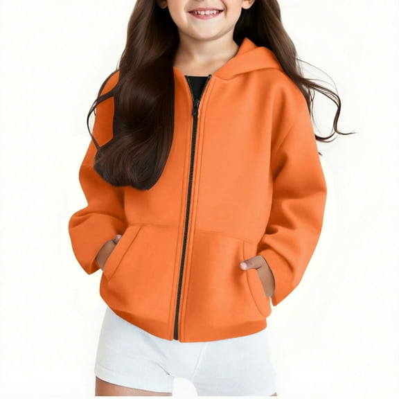 Cethrio Girls Hoodies with Zipper, Long Sleeve Fall Casual Hooded Girls' Outerwear Orange Size 7-8