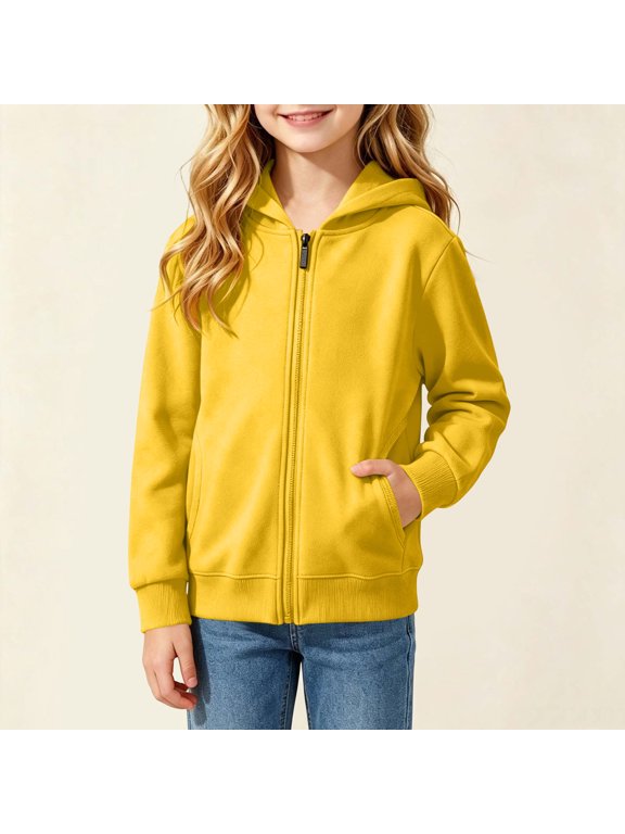 Girls Hoodies with Zipper, Outdoor Casual Solid Color Long Sleeve Athletic Jackets Yellow Size 1-2T