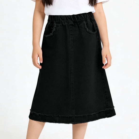 Cethrio Girls Jean Skirts, Elastic Waist A-Line Summer Casual Denim Skirts Midi Skirts Black Size 6-7T