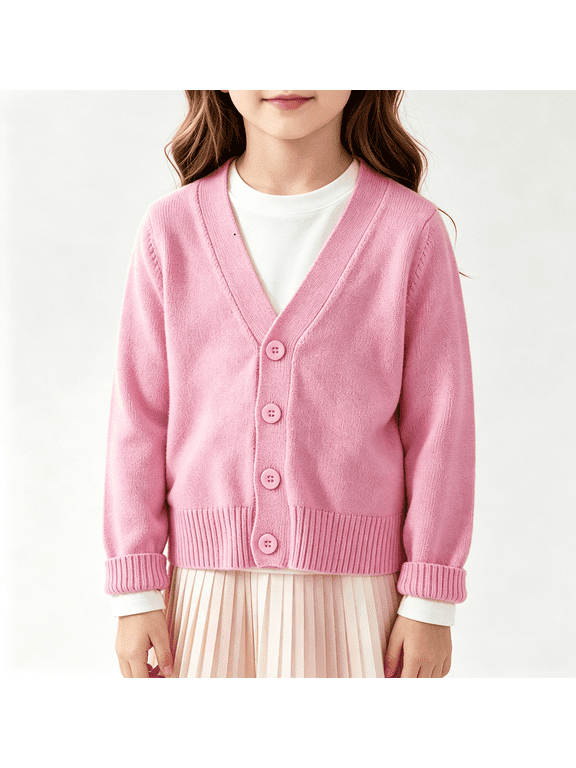 Girls Knit Cardigans, Buttons Casual Solid Color Long Sleeve Girls Sweaters Pink Size 7-8